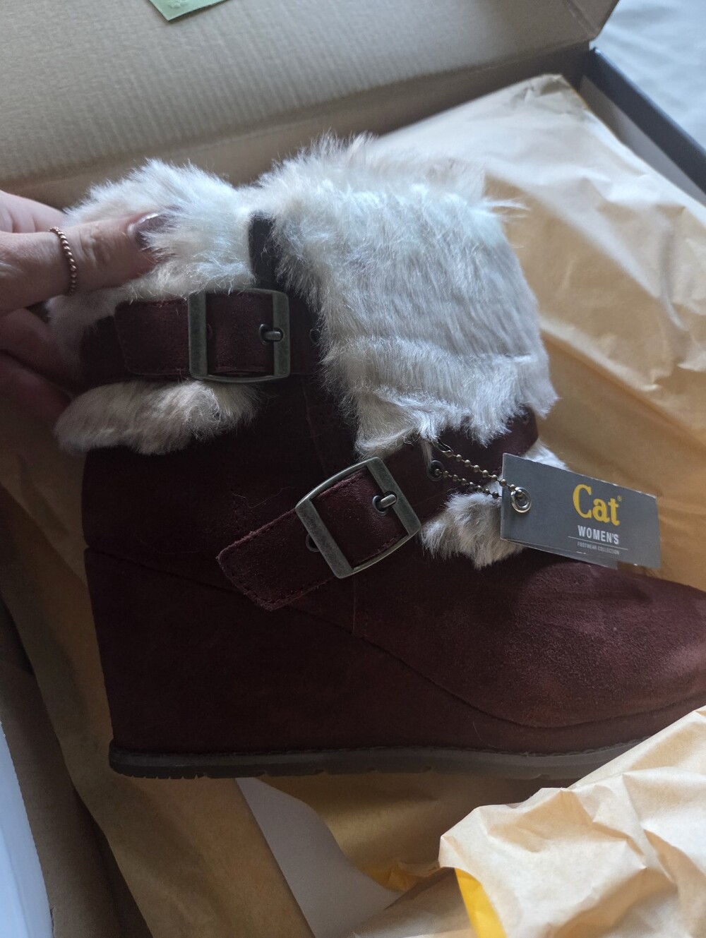 CAT Women's Burgundy Suede Wedge Booties with Faux Fur Trim,  Size 5 Steel Toe